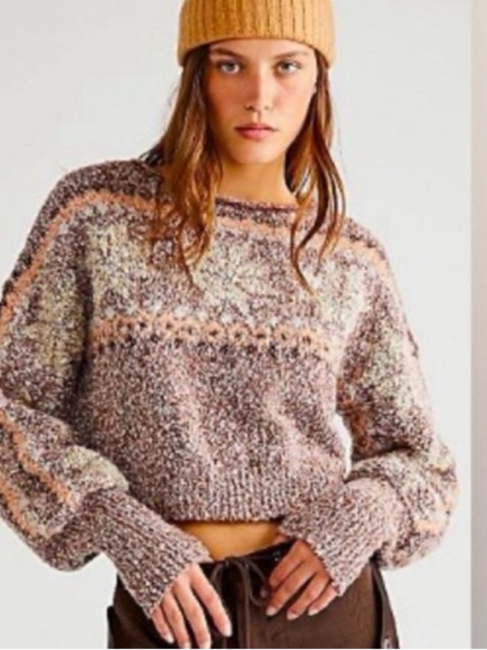 Free People Marled Pink and Beige Bouclé Crewneck Sweater Size XS